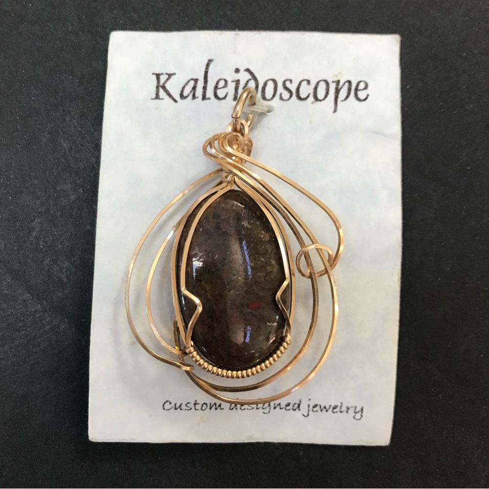 NEW- 14k GF Large Wrapped Brown Red Black Jasper Stone Pendant Artisan Jewelry